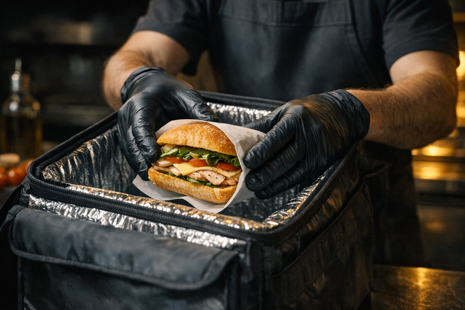 Courier carefully placing a wrapped sandwich into an insulated delivery bag