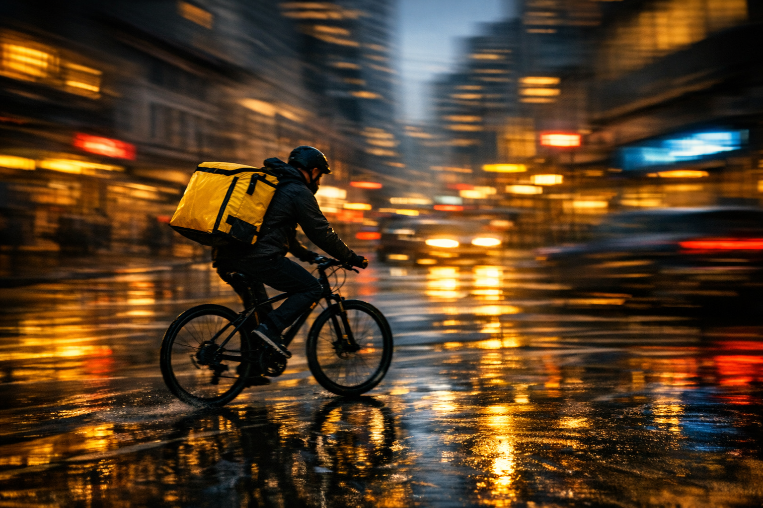 City courier delivering food by bicycle through urban streets at night